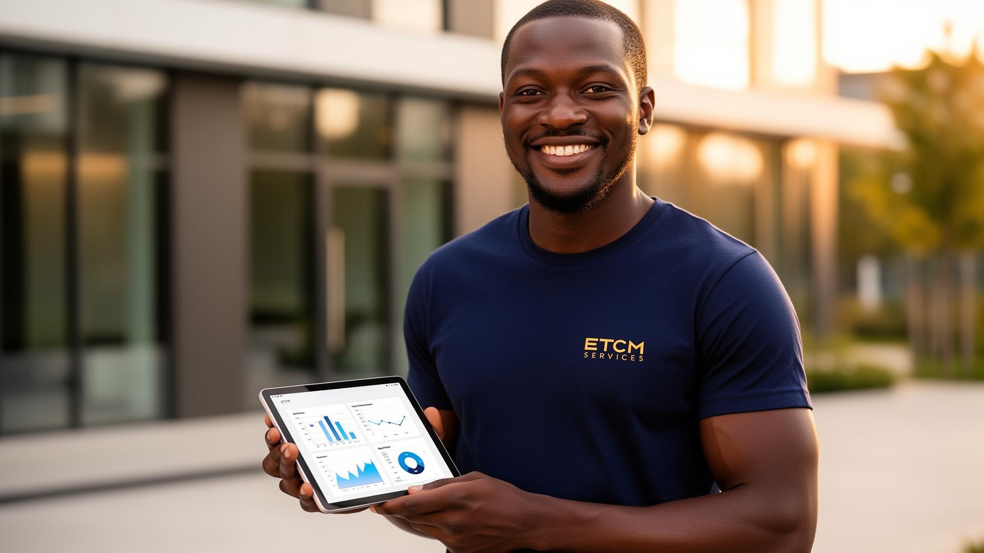 ETCM Services marketer in branded navy t-shirt presenting loan dashboard on tablet