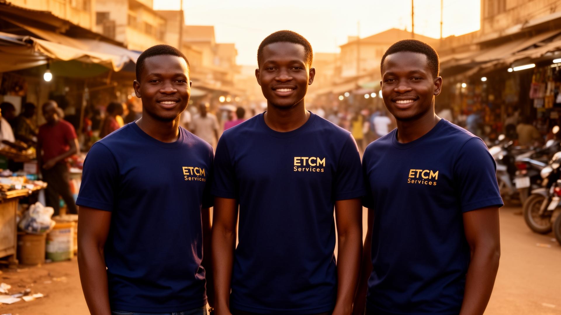 Team of three ETCM Services marketers in branded t-shirts at a market